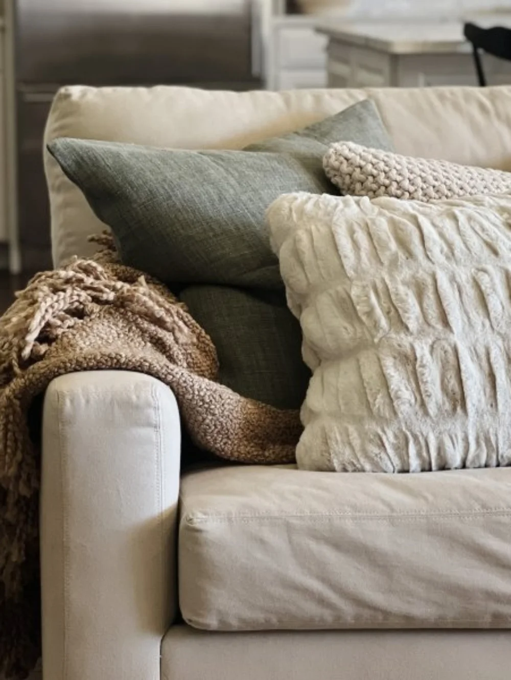 NWT Pottery Barn Cozy Faux Fur Ruched Throw + Two  18' Sq Ruched Pillow Covers